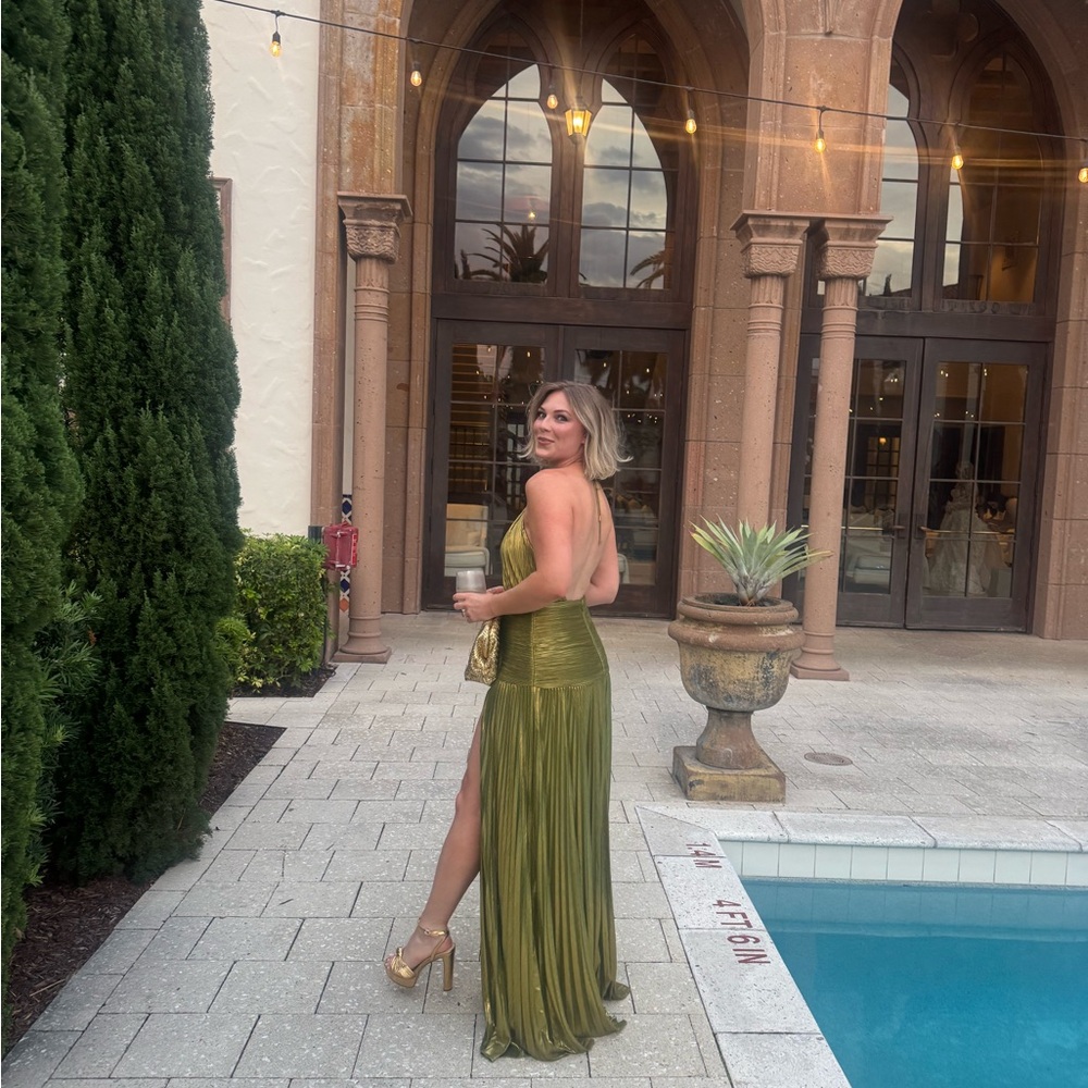 Retrofete Olive Green Halter Maxi Dress with Side Slit - Picture 2 of 3